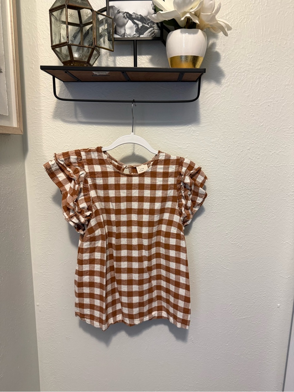 A New Day Brown White Gingham Ruffle Sleeve Blouse Top Size M